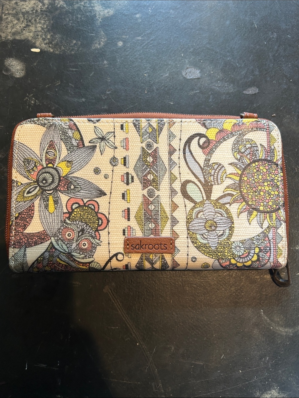 Sakroots Cream Floral Zip-Around Wallet with Brown Trim